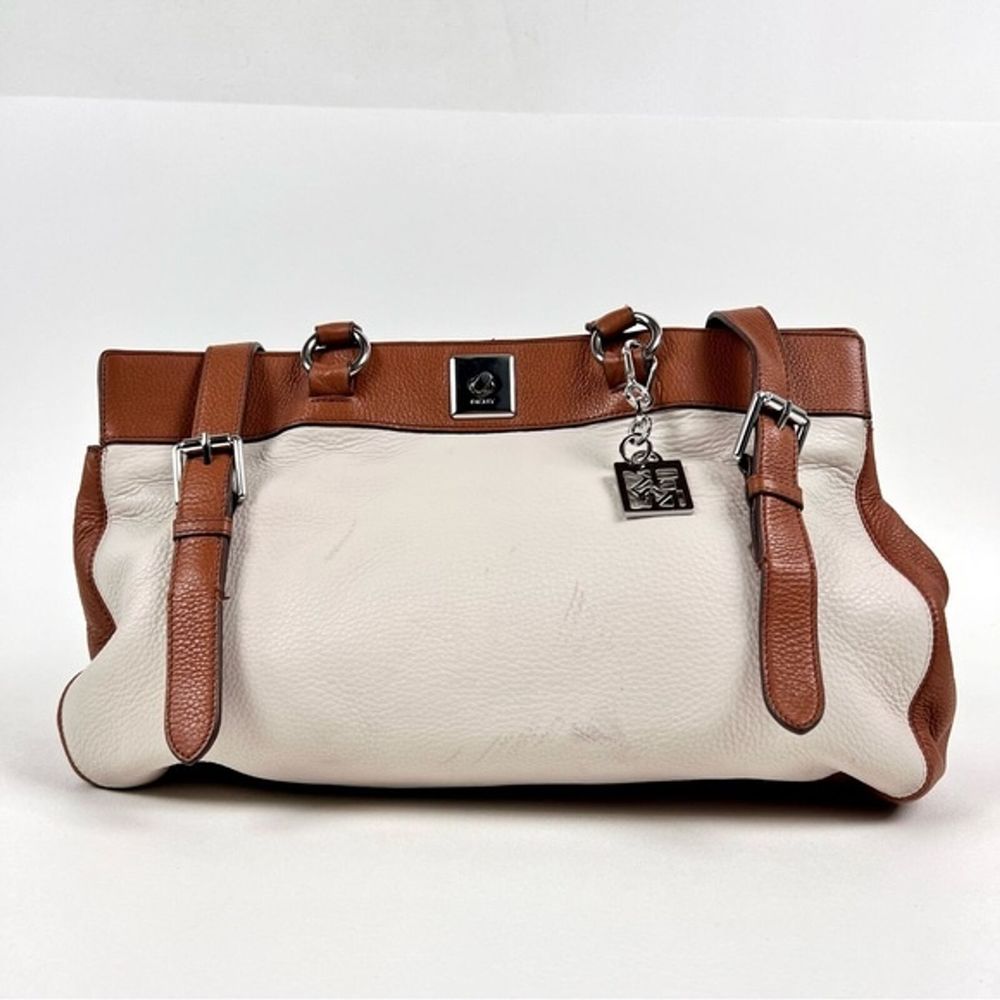 DKNY Leather Shoulder Bag White/Brown Pebbled Leather Silvertone Hardware